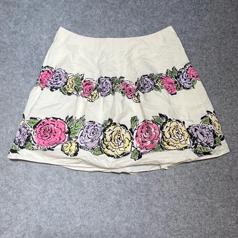 Ann Taylor LOFT Womens Floral Rose Print Cotton Mini Skirt Cream Pink Yellow 10